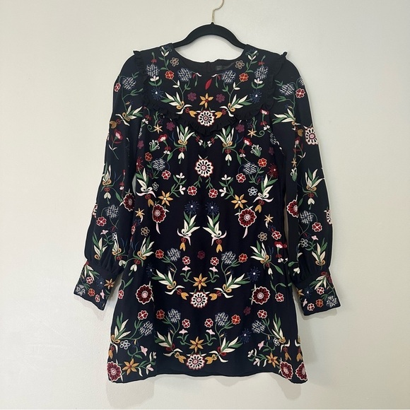 Zara Dresses & Skirts - Zara Blue Full Embroidered Mini Shift Dress Size Women’s Medium Long Sleeve